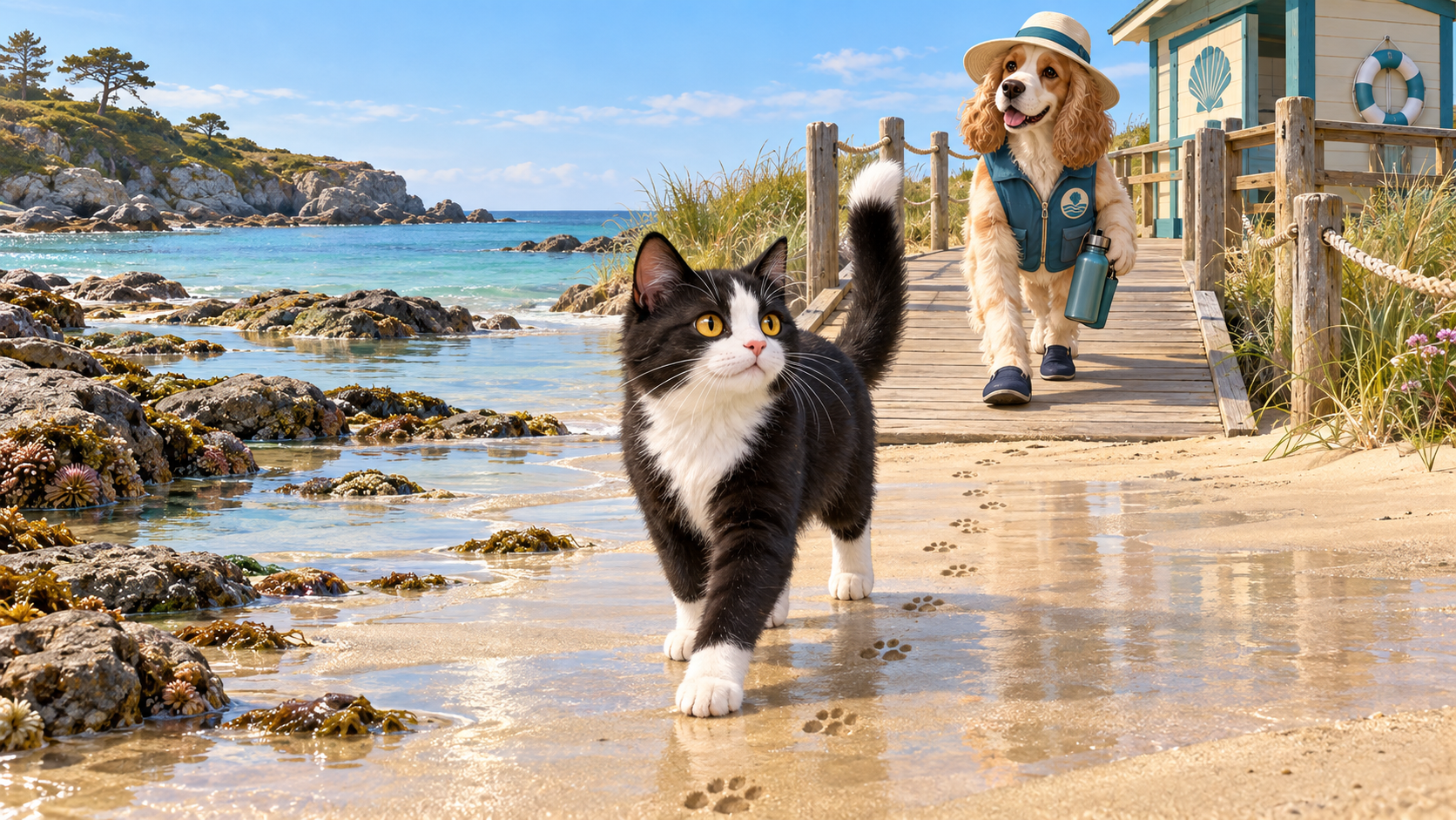 Purrfect and the spaniel beach ranger arrive at Sunny Cove in clear morning light.