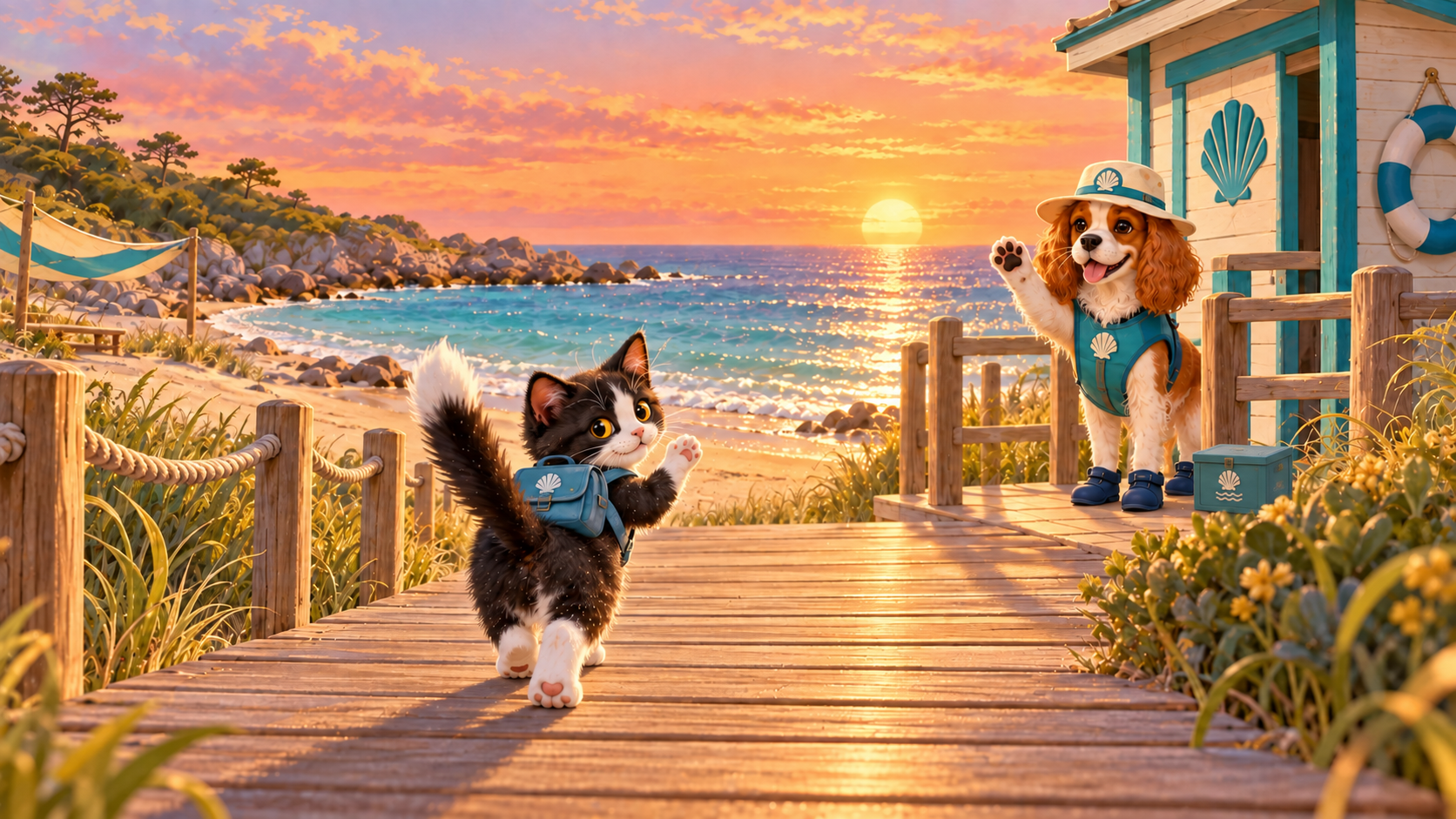 Purrfect waves goodbye to the spaniel ranger and follows the boardwalk home at coral-gold sunset.