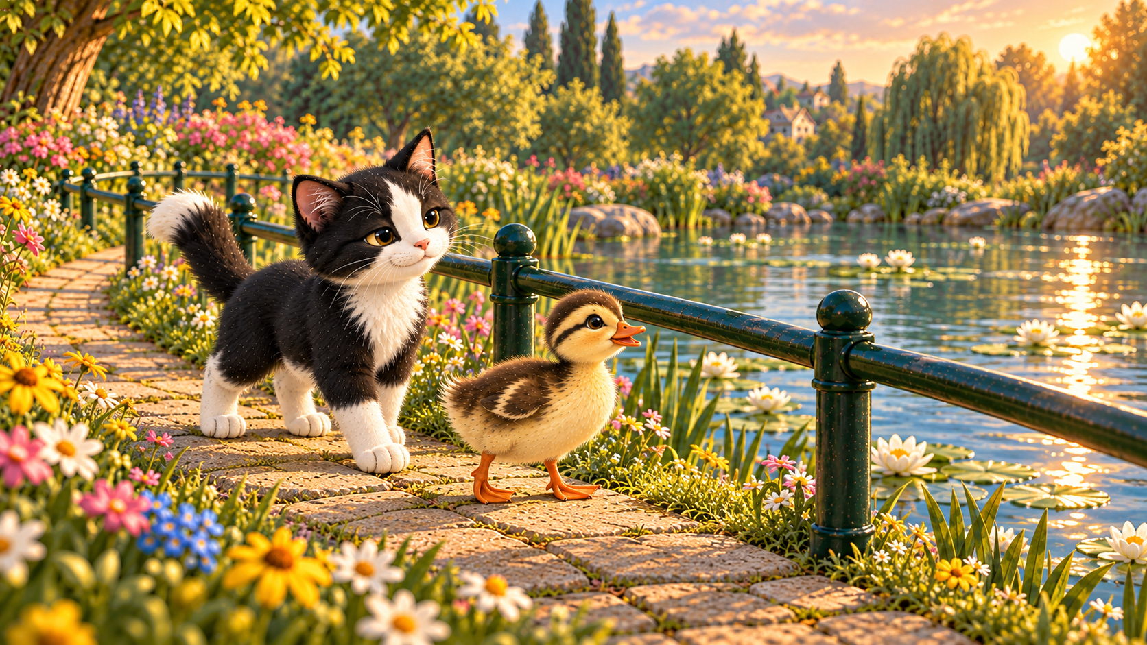 An open illustrated Purrfect story moment beside the safe pond rail.