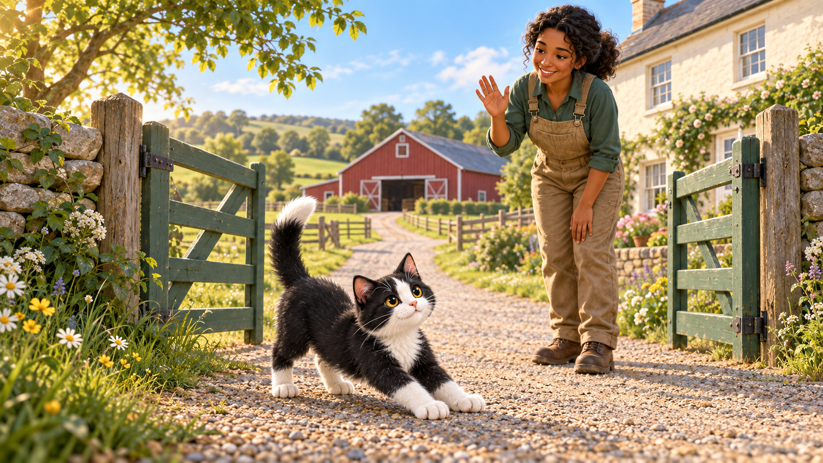Purrfect stretches at Meadowgate Farm's green visitor gate while the adult Farmer welcomes him from the safe stone lane.