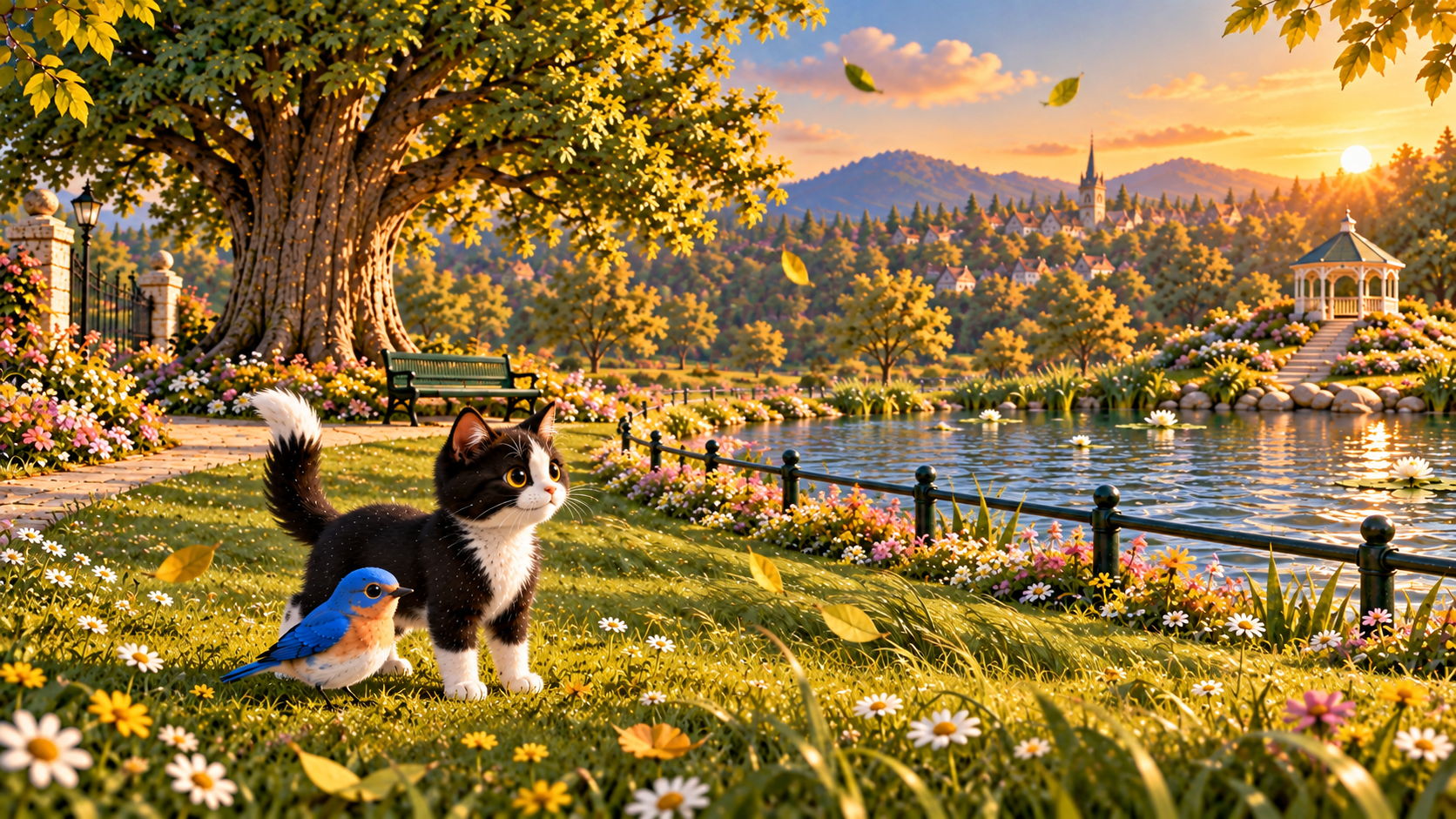Purrfect and Pip look across the calm Park at sunset with the Great Park Tree, bench, pond rail and gazebo all visible.