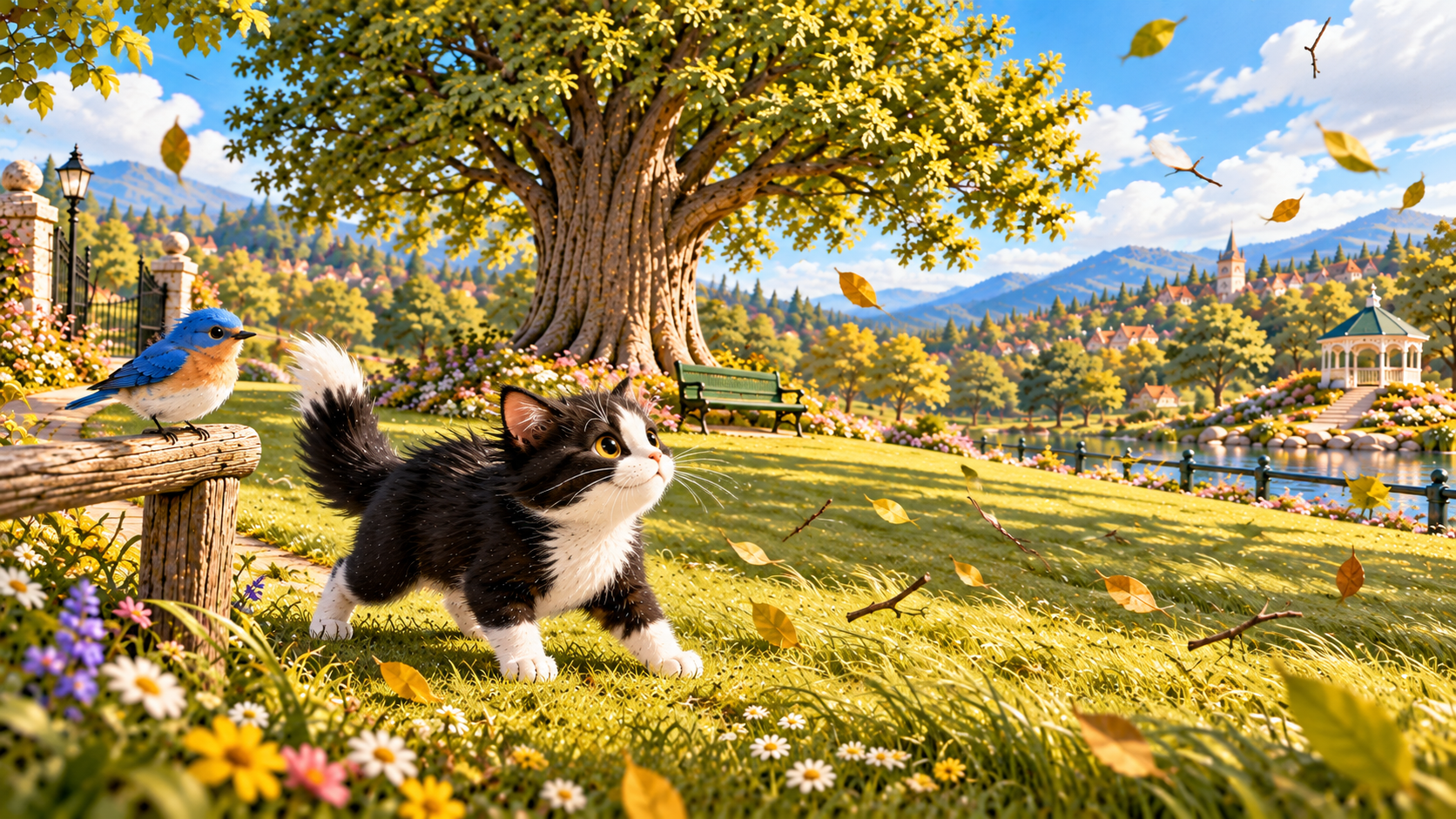 Purrfect and Pip stand calmly in the familiar Park while a few leaves move in a stronger breeze.