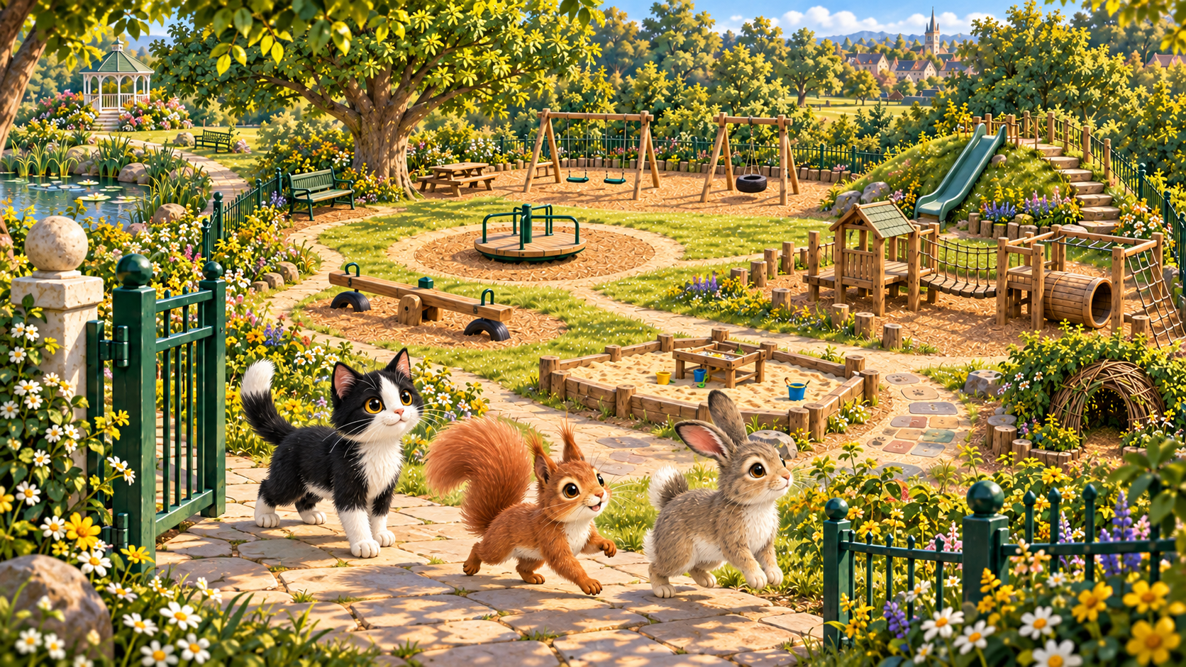 Purrfect, Clover the rabbit and Hazel the squirrel arrive together through the Park's west gate at the sunny Playground.
