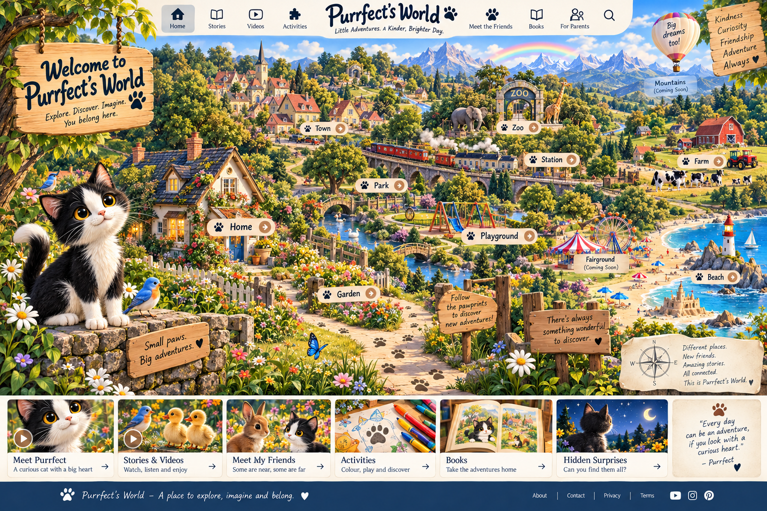A richly illustrated connected world with Purrfect beside Home and Garden, paths to Park and Playground, and distant Town, Station, Zoo, Farm, Beach, Fairground and mountains.