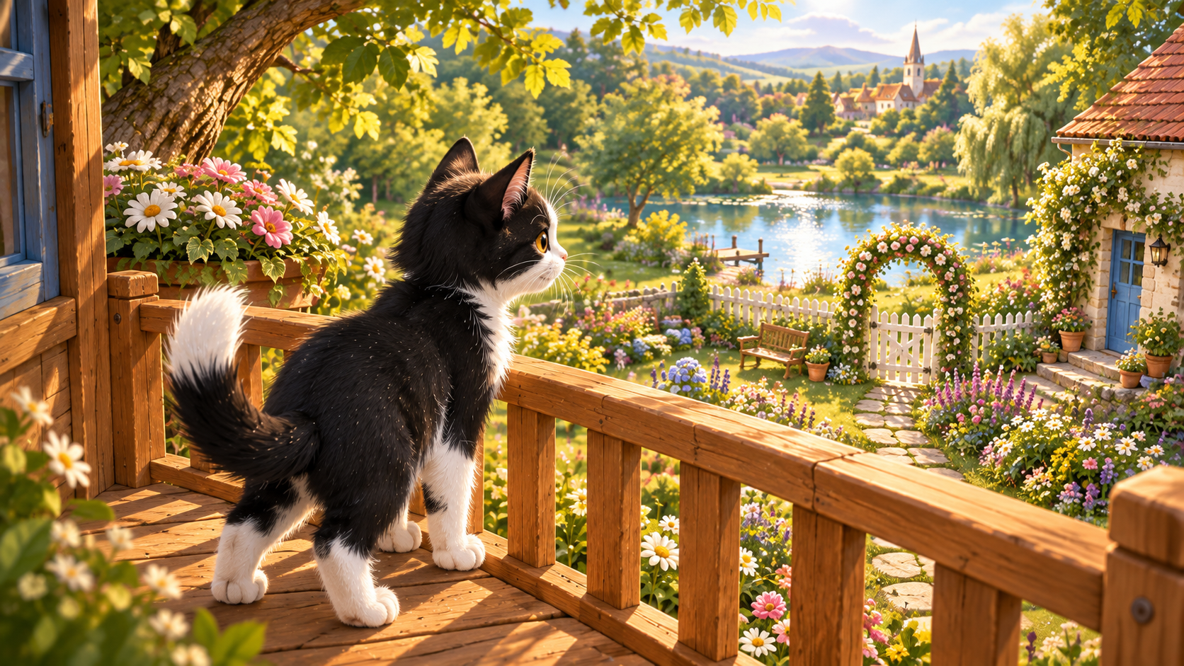 Purrfect and Pip look across the connected Garden from the warm wooden treehouse.