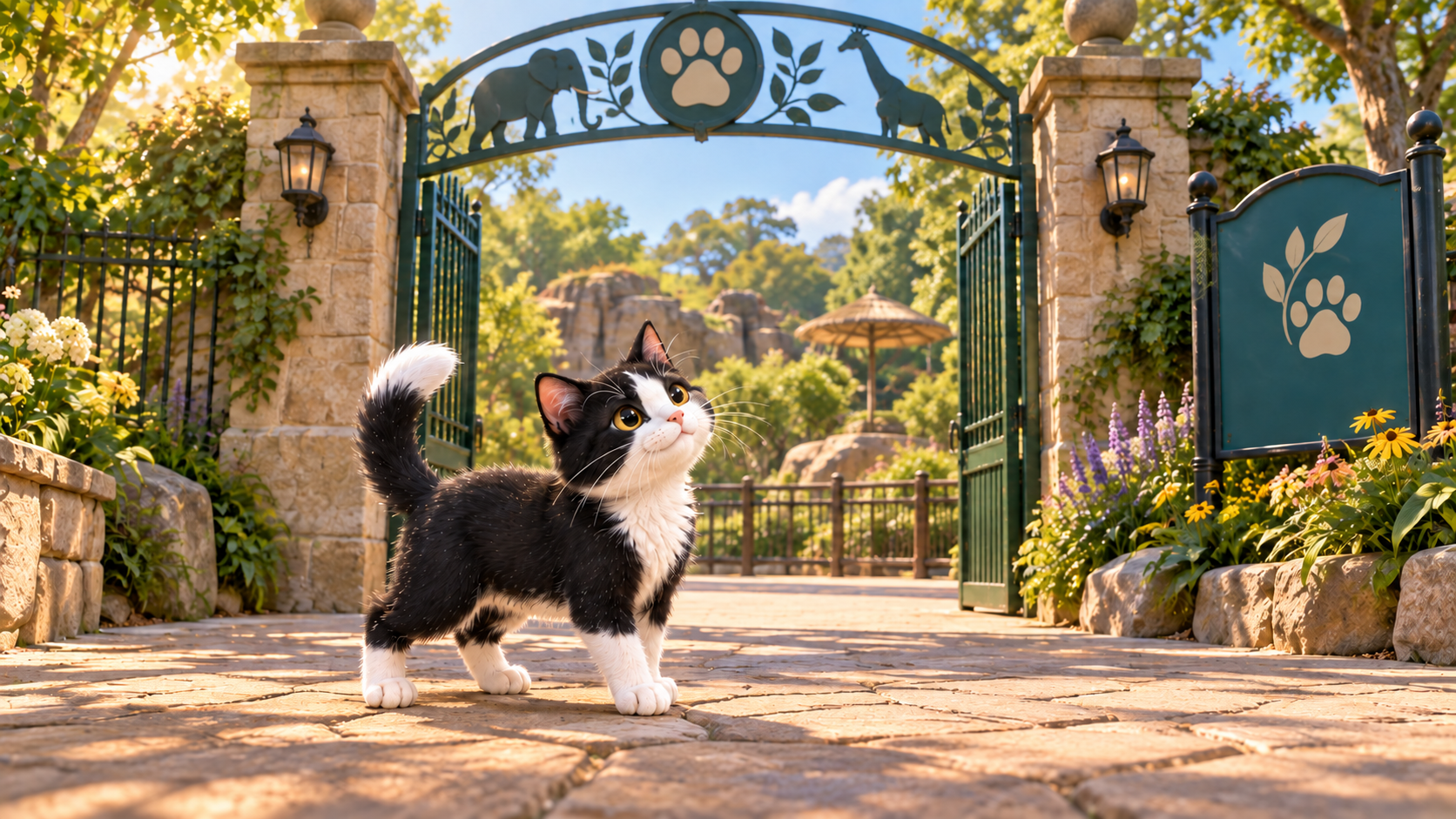 Purrfect arrives beneath the deep-teal South Gate of the honey-stone Zoo in clear morning light.