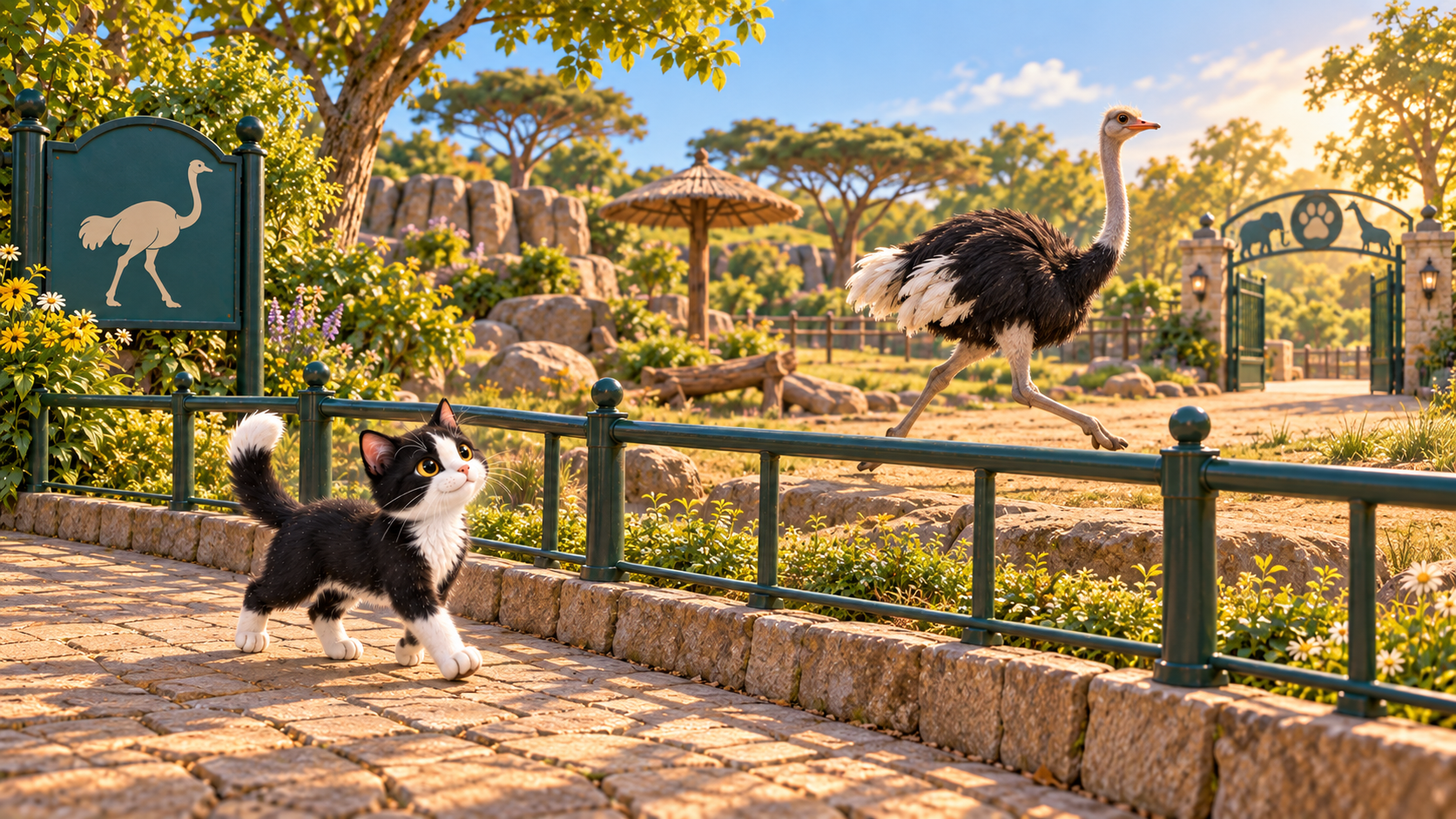 Purrfect follows the visitor path beside a running ostrich as warm late-afternoon light reaches the South Gate.